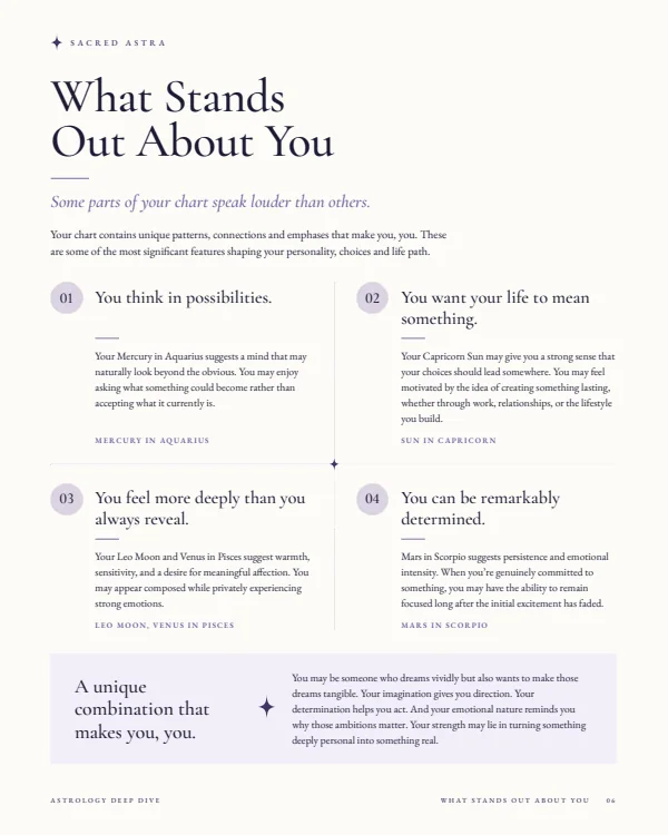 Page 6 of a sample Astrology Deep Dive: What Stands Out About You