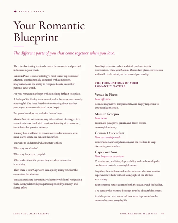 Page 4 of a sample Love & Soulmate Reading: Your Romantic Blueprint